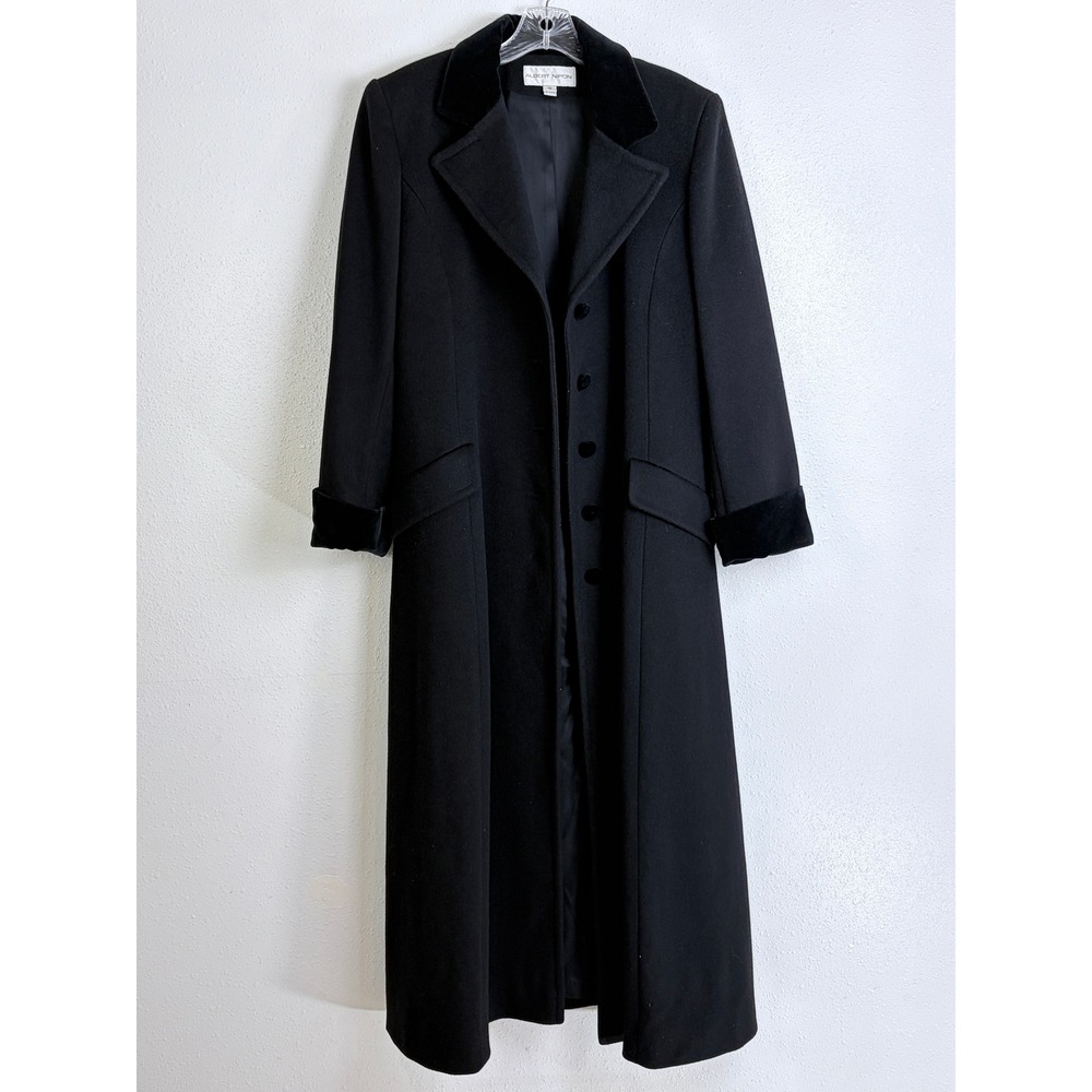 Vintage Albert Nipon Black Wool Long Coat Velvet Trim Made in USA Womens 10